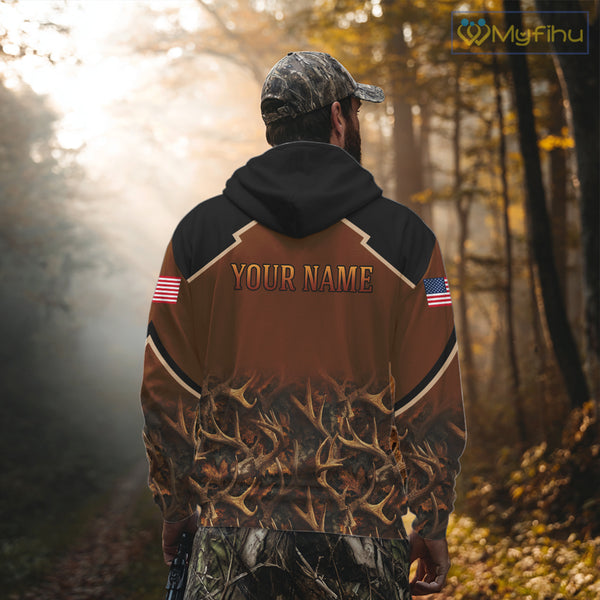 Brown Camo Deer Hunting Shirts with American Flag for Men, Hunting Gift Ideas for Hunters NBT223