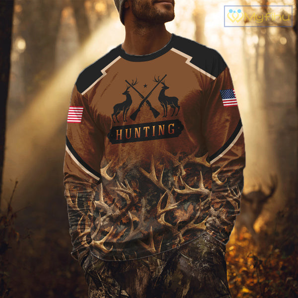 Brown Camo Deer Hunting Shirts with American Flag for Men, Hunting Gift Ideas for Hunters NBT223