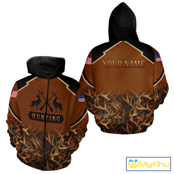 Brown Camo Deer Hunting Shirts with American Flag for Men, Hunting Gift Ideas for Hunters NBT223