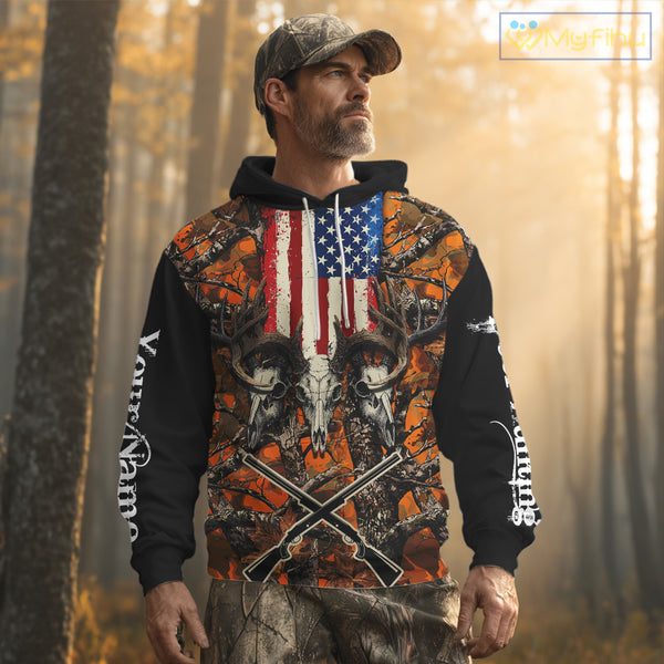 Custom Orange Camo US Flag Rifle Personalized Hunting Shirts, Deer Hunting Clothes NBT282
