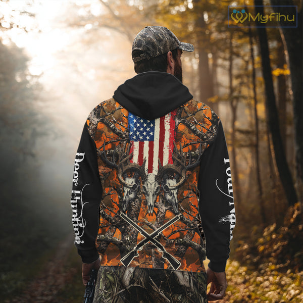 Custom Orange Camo US Flag Rifle Personalized Hunting Shirts, Deer Hunting Clothes NBT282