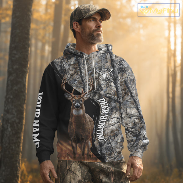 Winter Whitetail Deer Camo Customize Name 3D All Over Printed Long Sleeve Hunting Shirts for Men NBT332