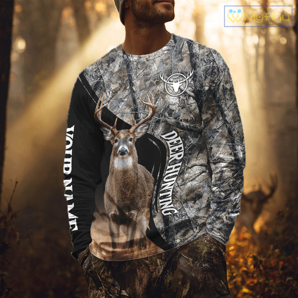Winter Whitetail Deer Camo Customize Name 3D All Over Printed Long Sleeve Hunting Shirts for Men NBT332