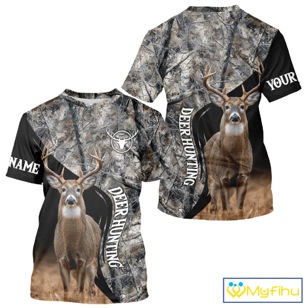 Winter Whitetail Deer Camo Customize Name 3D All Over Printed Long Sleeve Hunting Shirts for Men NBT332