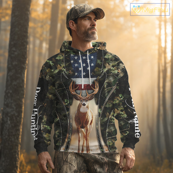 Patriotic Green Camo Deer Hunting Shirt – American Flag Whitetail Buck, Custom Name for Men NBT34
