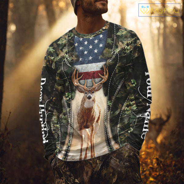 Patriotic Green Camo Deer Hunting Shirt – American Flag Whitetail Buck, Custom Name for Men NBT34