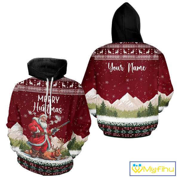 Funny Ugly Pattern Santa Deer Hunting Customized Name All Over Print Shirts for Hunter NBT283
