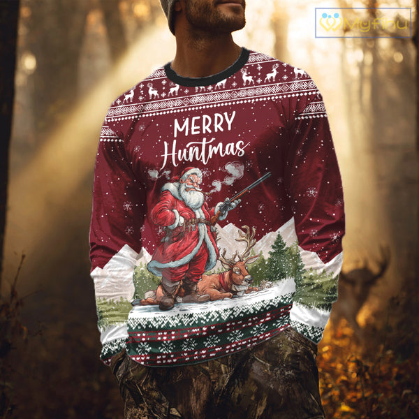 Funny Ugly Pattern Santa Deer Hunting Customized Name All Over Print Shirts for Hunter NBT283