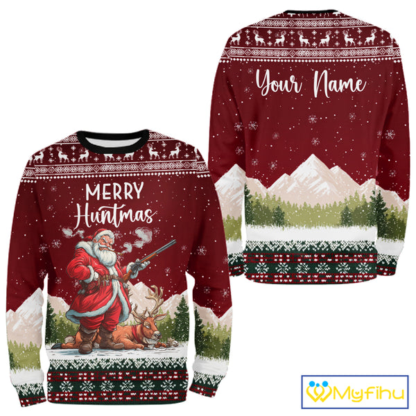 Funny Ugly Pattern Santa Deer Hunting Customized Name All Over Print Shirts for Hunter NBT283