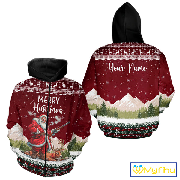 Funny Ugly Pattern Santa Deer Hunting Customized Name All Over Print Shirts for Hunter NBT283