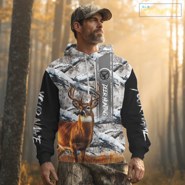 Winter Whitetail Deer Camo Hunting Hoodie 3D All Over Printed Long Sleeves Hunting Shirt For Men NBT335