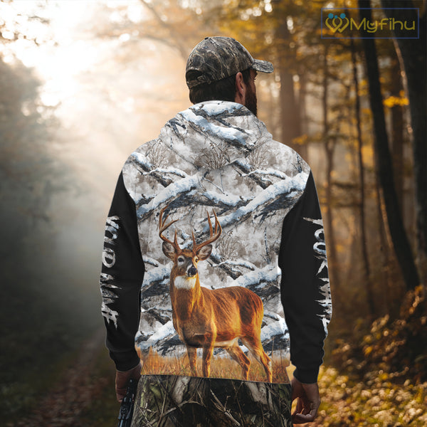 Winter Whitetail Deer Camo Hunting Hoodie 3D All Over Printed Long Sleeves Hunting Shirt For Men NBT335