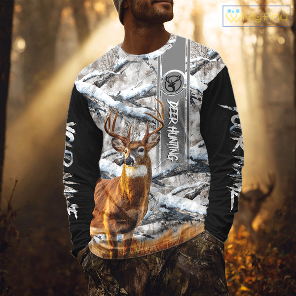 Winter Whitetail Deer Camo Hunting Hoodie 3D All Over Printed Long Sleeves Hunting Shirt For Men NBT335