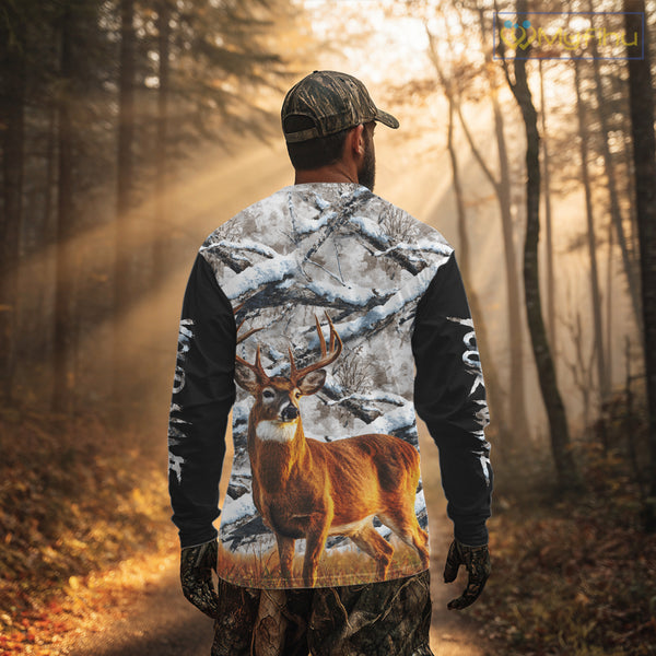 Winter Whitetail Deer Camo Hunting Hoodie 3D All Over Printed Long Sleeves Hunting Shirt For Men NBT335