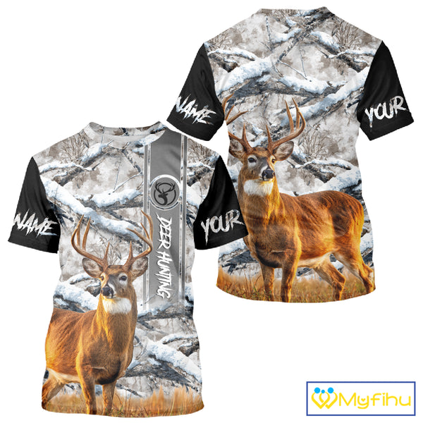 Winter Whitetail Deer Camo Hunting Hoodie 3D All Over Printed Long Sleeves Hunting Shirt For Men NBT335