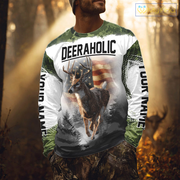 Green Camouflage Deer Hunting Shirts with American Flag – Custom Name, Gift for Hunters NBT37
