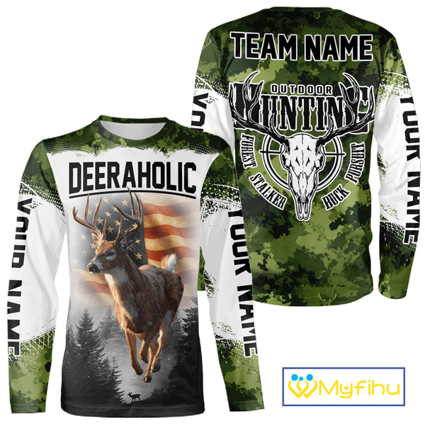 Green Camouflage Deer Hunting Shirts with American Flag – Custom Name, Gift for Hunters NBT37