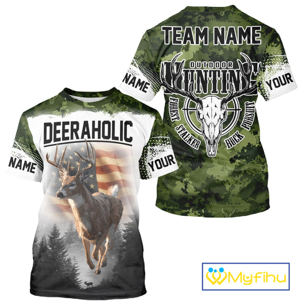 Green Camouflage Deer Hunting Shirts with American Flag – Custom Name, Gift for Hunters NBT37