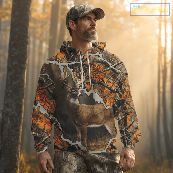 Whitetail Deer Hunting Custom Name Orange Camo Shirt, Deer Hunting Apparel, Camouflage Deer Shirts NBT339