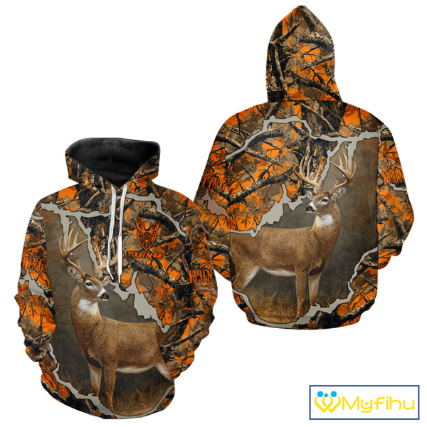 Whitetail Deer Hunting Custom Name Orange Camo Shirt, Deer Hunting Apparel, Camouflage Deer Shirts NBT339