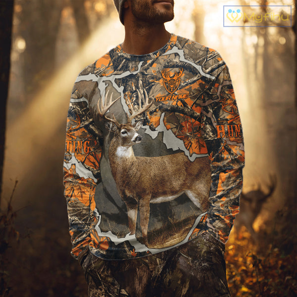 Whitetail Deer Hunting Custom Name Orange Camo Shirt, Deer Hunting Apparel, Camouflage Deer Shirts NBT339