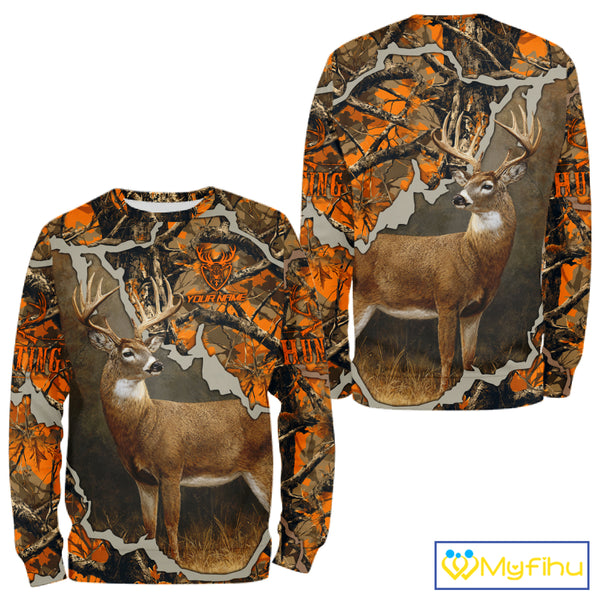 Whitetail Deer Hunting Custom Name Orange Camo Shirt, Deer Hunting Apparel, Camouflage Deer Shirts NBT339