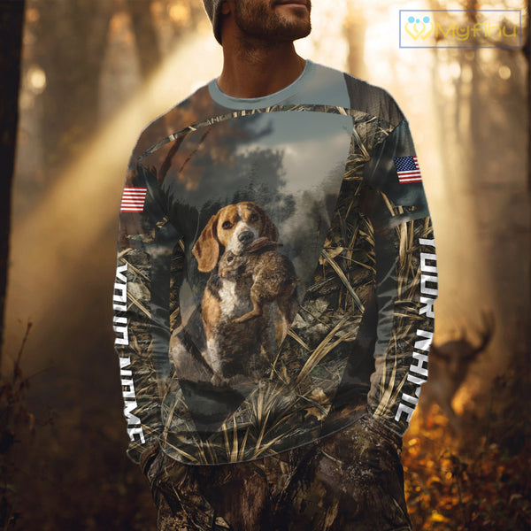 Custom Rabbit Hunting Beagle Dog US Flag Camouflage 3D Shirts, Rabbit Hunting Clothes NBT229