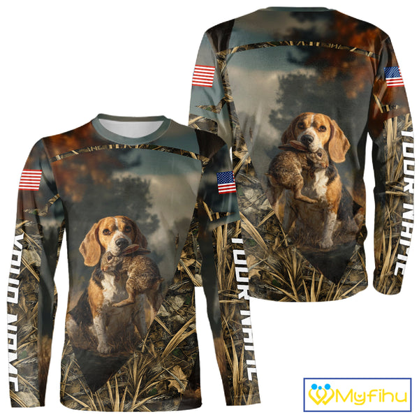 Custom Rabbit Hunting Beagle Dog US Flag Camouflage 3D Shirts, Rabbit Hunting Clothes NBT229