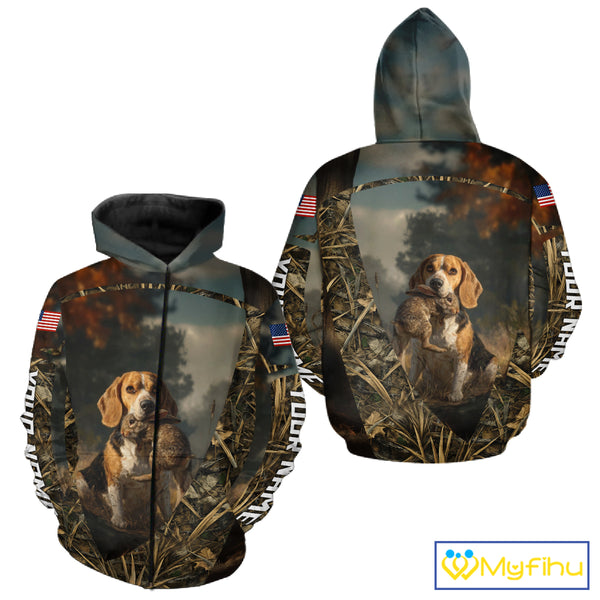 Custom Rabbit Hunting Beagle Dog US Flag Camouflage 3D Shirts, Rabbit Hunting Clothes NBT229