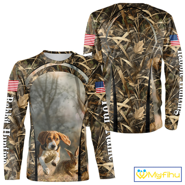 Custom Beagle Dog Rabbit Hunting US Flag Camo Shirts, Rabbit Hunting Gifts for Men NBT234