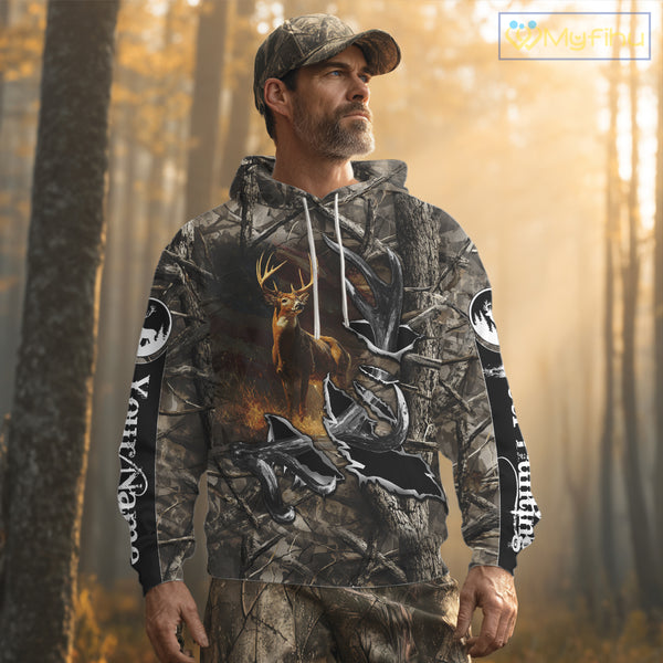 American Flag Camo Deer Hunting Shirts with Antler for Men, Hunting Gift Ideas for Hunters NBT46