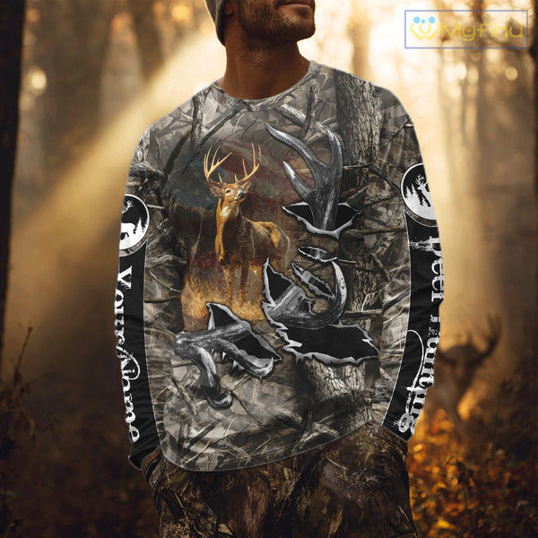 American Flag Camo Deer Hunting Shirts with Antler for Men, Hunting Gift Ideas for Hunters NBT46