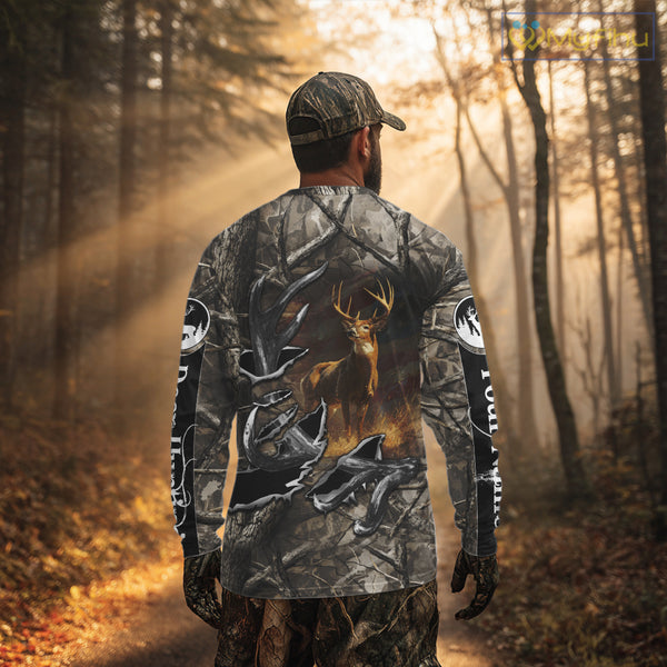 American Flag Camo Deer Hunting Shirts with Antler for Men, Hunting Gift Ideas for Hunters NBT46