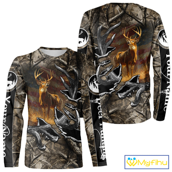 American Flag Camo Deer Hunting Shirts with Antler for Men, Hunting Gift Ideas for Hunters NBT46
