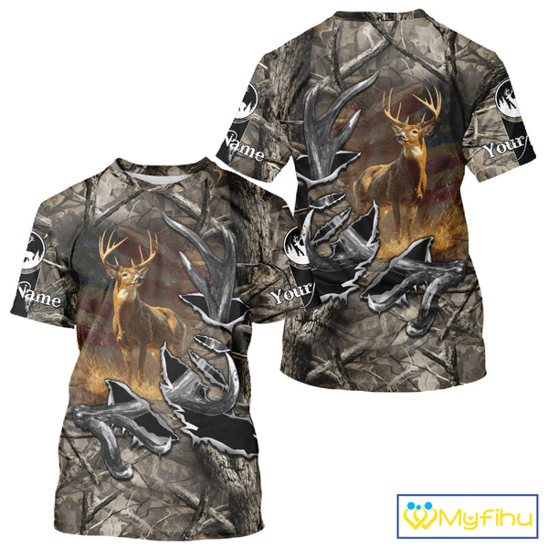American Flag Camo Deer Hunting Shirts with Antler for Men, Hunting Gift Ideas for Hunters NBT46