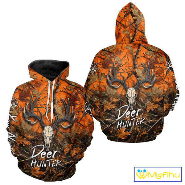 Deer Hunting Orange Camo Deer Skull Full Printing Custom Name Shirts, Custom Deer Hunting Shirt NBT144