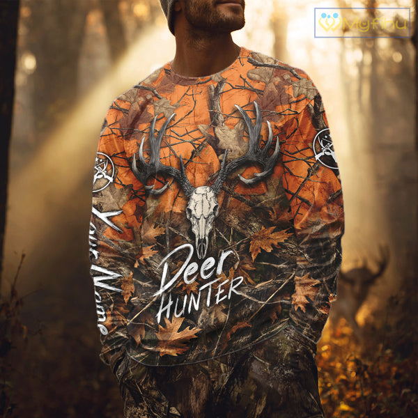 Deer Hunting Orange Camo Deer Skull Full Printing Custom Name Shirts, Custom Deer Hunting Shirt NBT144
