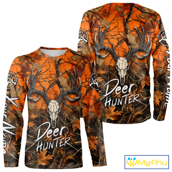 Deer Hunting Orange Camo Deer Skull Full Printing Custom Name Shirts, Custom Deer Hunting Shirt NBT144