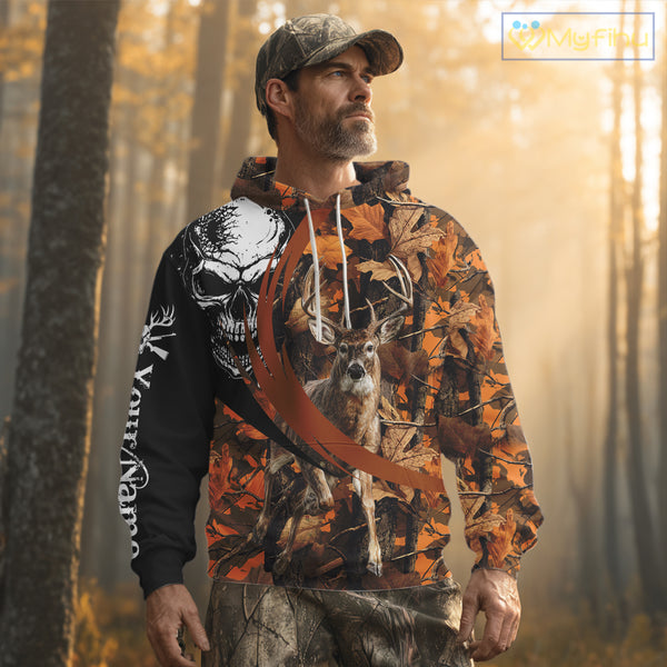 Deer Hunting Orange Camouflage Skull 3D Custom Name Shirts, Camouflage Deer Hunting Gifts NBT238