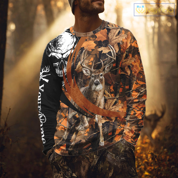 Deer Hunting Orange Camouflage Skull 3D Custom Name Shirts, Camouflage Deer Hunting Gifts NBT238