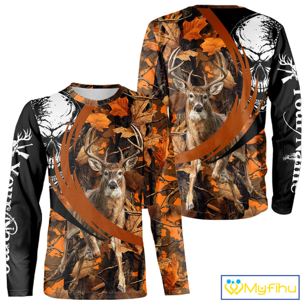Deer Hunting Orange Camouflage Skull 3D Custom Name Shirts, Camouflage Deer Hunting Gifts NBT238