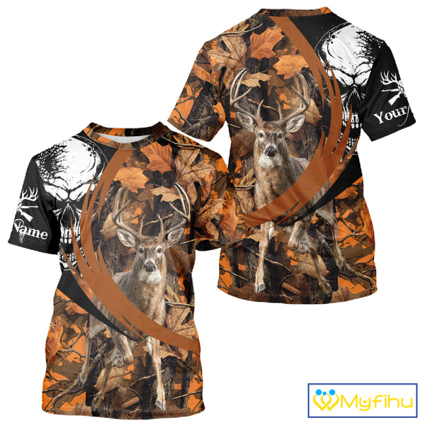 Deer Hunting Orange Camouflage Skull 3D Custom Name Shirts, Camouflage Deer Hunting Gifts NBT238