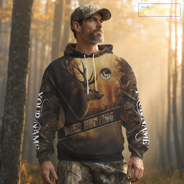 Brown Camo Deer Hunting All Over Printing Shirt with Big Buck - Hunting Clothes for Men NBT50