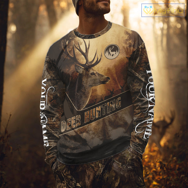 Brown Camo Deer Hunting All Over Printing Shirt with Big Buck - Hunting Clothes for Men NBT50