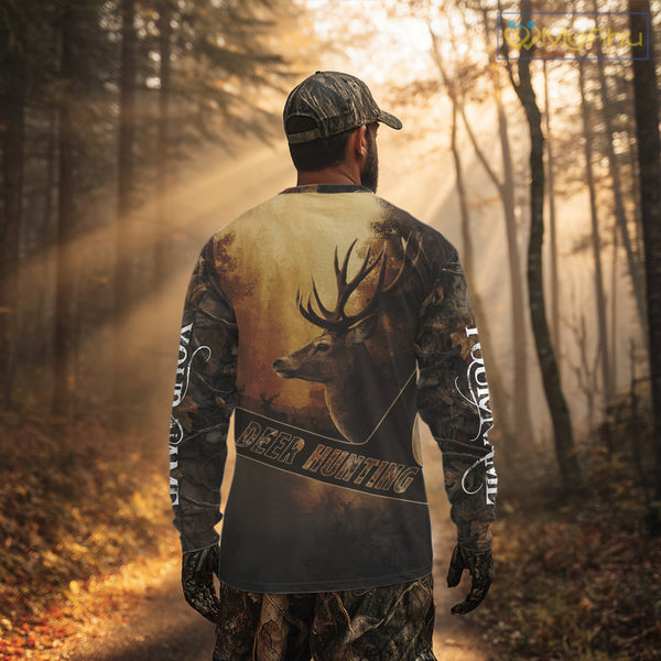 Brown Camo Deer Hunting All Over Printing Shirt with Big Buck - Hunting Clothes for Men NBT50