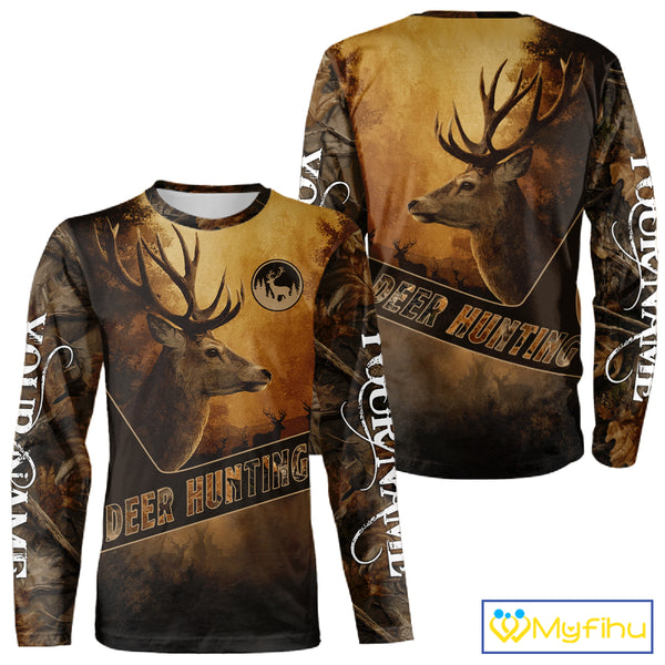 Brown Camo Deer Hunting All Over Printing Shirt with Big Buck - Hunting Clothes for Men NBT50