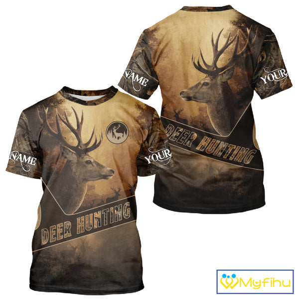 Brown Camo Deer Hunting All Over Printing Shirt with Big Buck - Hunting Clothes for Men NBT50
