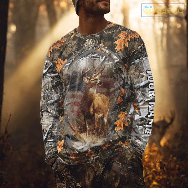 Deer Hunting Camo Hoodie American Flag Long Sleeve 3D Shirt Men Camo Hoodie NBT293