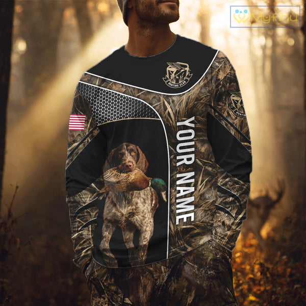 Duck Hunting with German Wirehaired Pointer Dog Camo Custom Name Shirts, Duck Hunting Shirts for Hunter NBT157