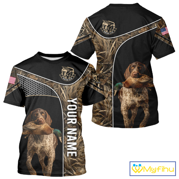 Duck Hunting with German Wirehaired Pointer Dog Camo Custom Name Shirts, Duck Hunting Shirts for Hunter NBT157